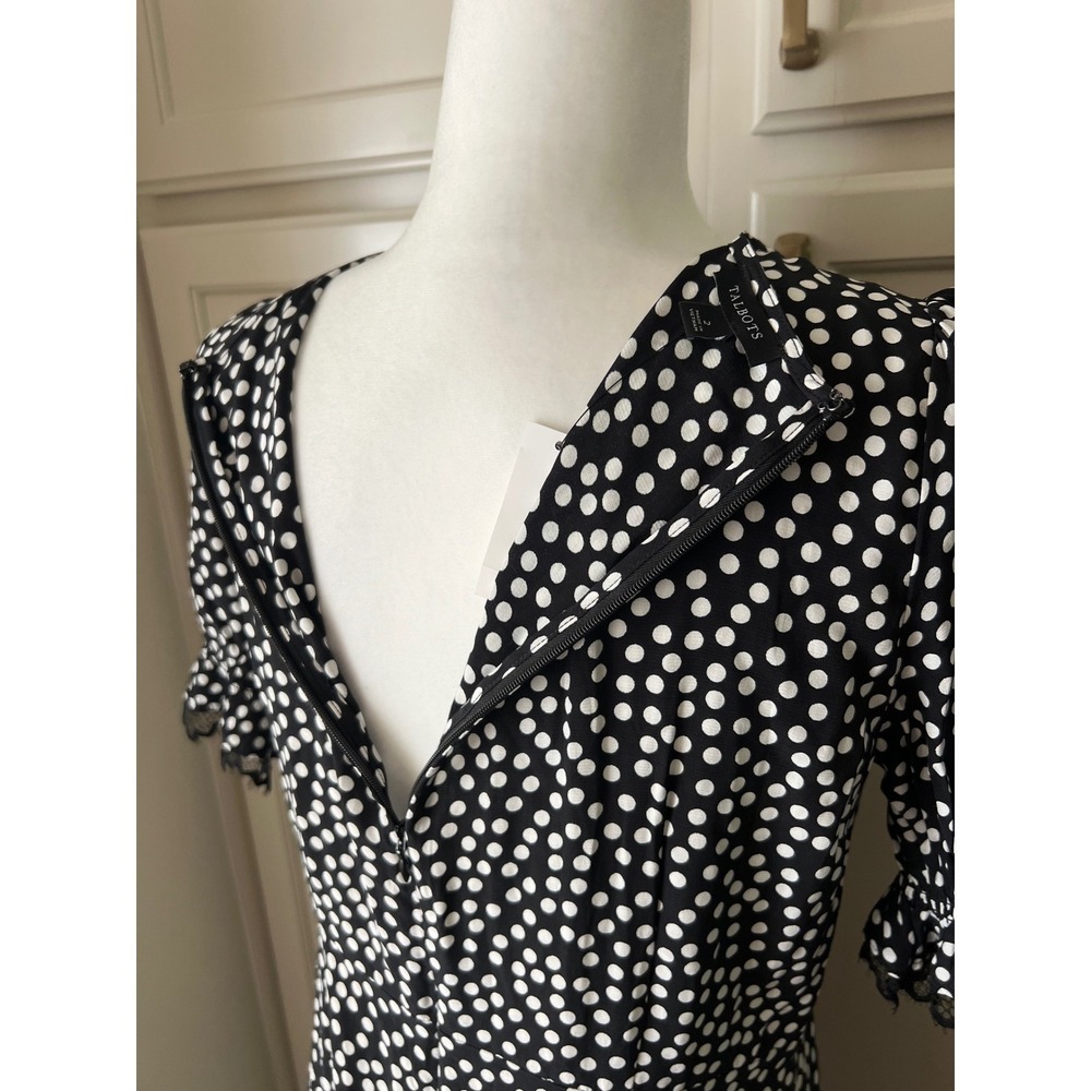Talbots Polka Dot Lace Trim Midi Dress Black White V-Neck Short Sleeve NWT Sz 2 - Picture 15 of 15